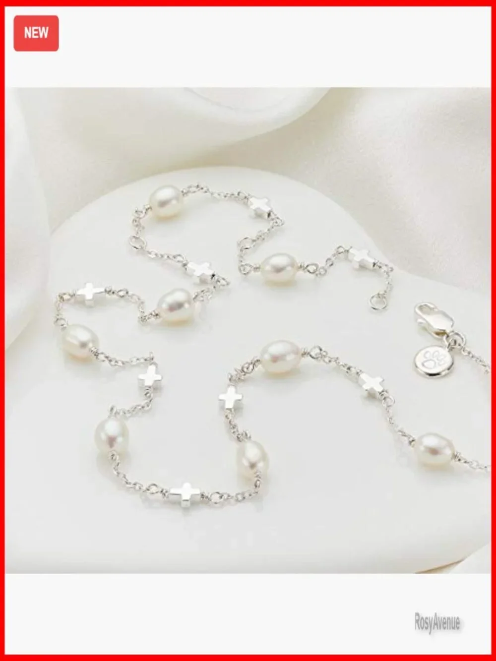 Sterling Silver Cross Pearl Necklace Adjustable 12-16